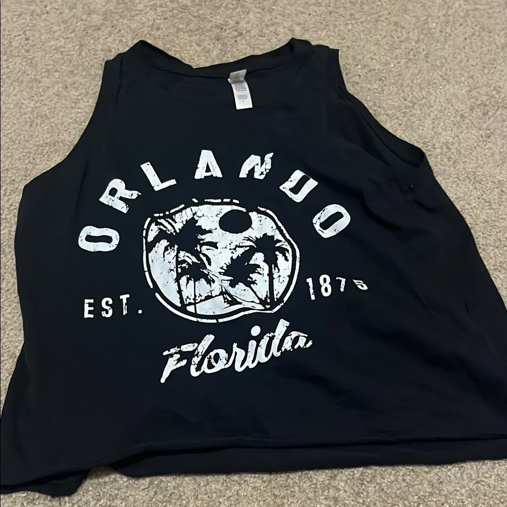 Susi Apparel Black Crop Tank Top with Orlando Graphic
